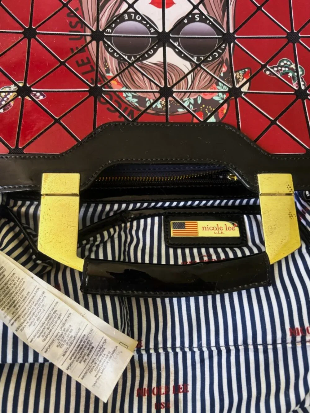 Nicole Lee Modular-Block Striped-interior lined Satchel Handbag Gold Hardware